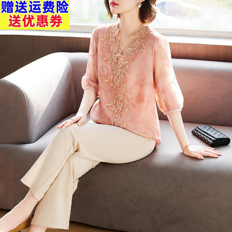 母亲节妈妈夏装洋派T恤小衫上衣服中老年人女装短袖雪纺衬衫套装