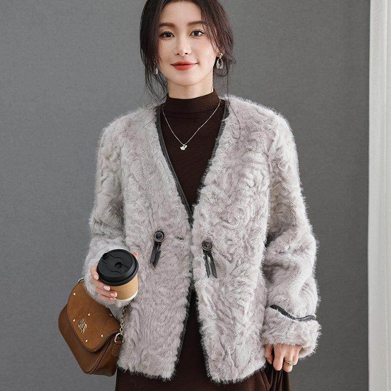 水貂绒皮草大衣女短款开衫V领高级感皮毛一体小个子秋冬保暖外套