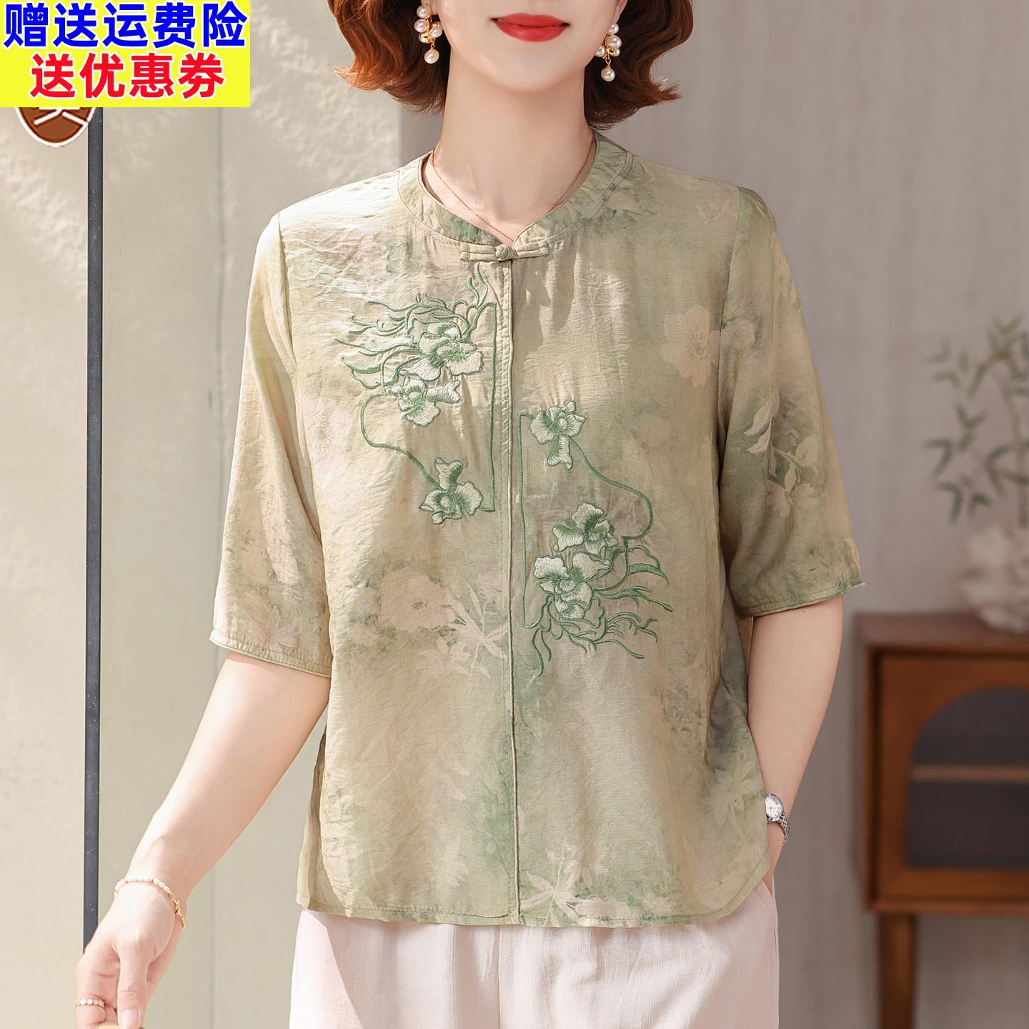 妈妈亚麻上衣女高端2026新款夏季小个子国风套装中老年人半袖衬衫