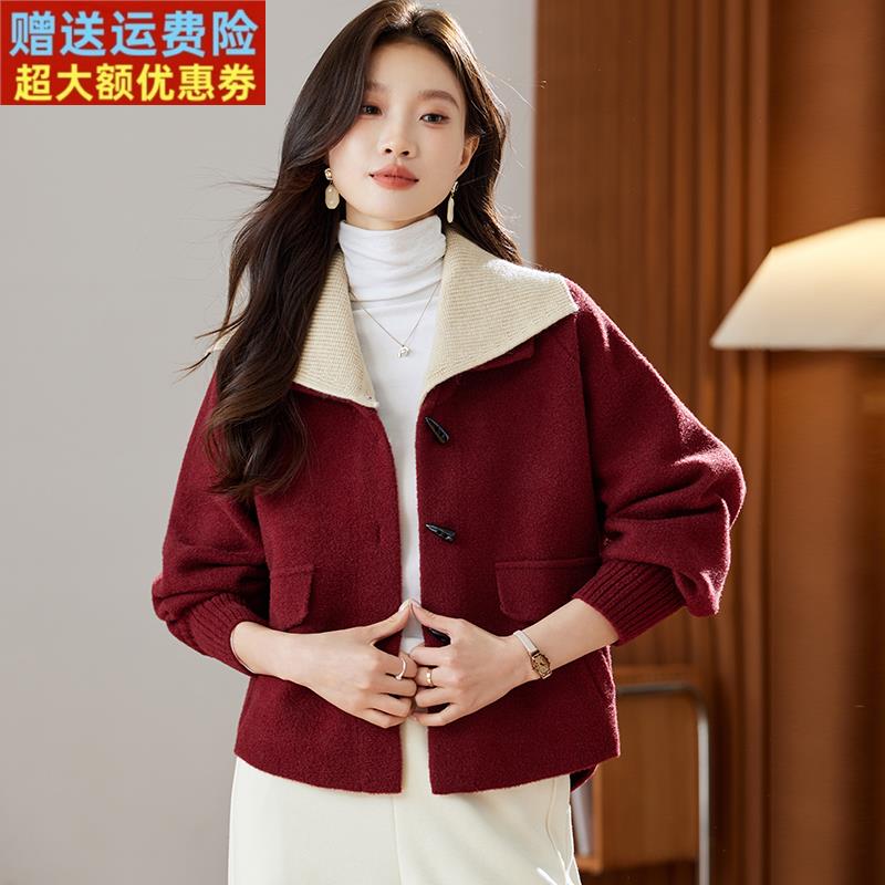 小个子妈妈短款骆驼绒大衣女装秋冬新款高级感牛角扣羊毛呢子外套