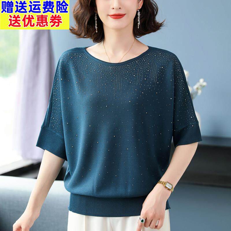 中老年妈妈装夏季桑蚕丝短袖T恤女宽松加肥大码遮肚薄款针织上衣