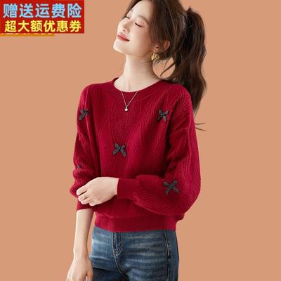 低领红毛衣女秋冬2025新款时尚爆款蝴蝶结外穿短款羊毛针织打底衫