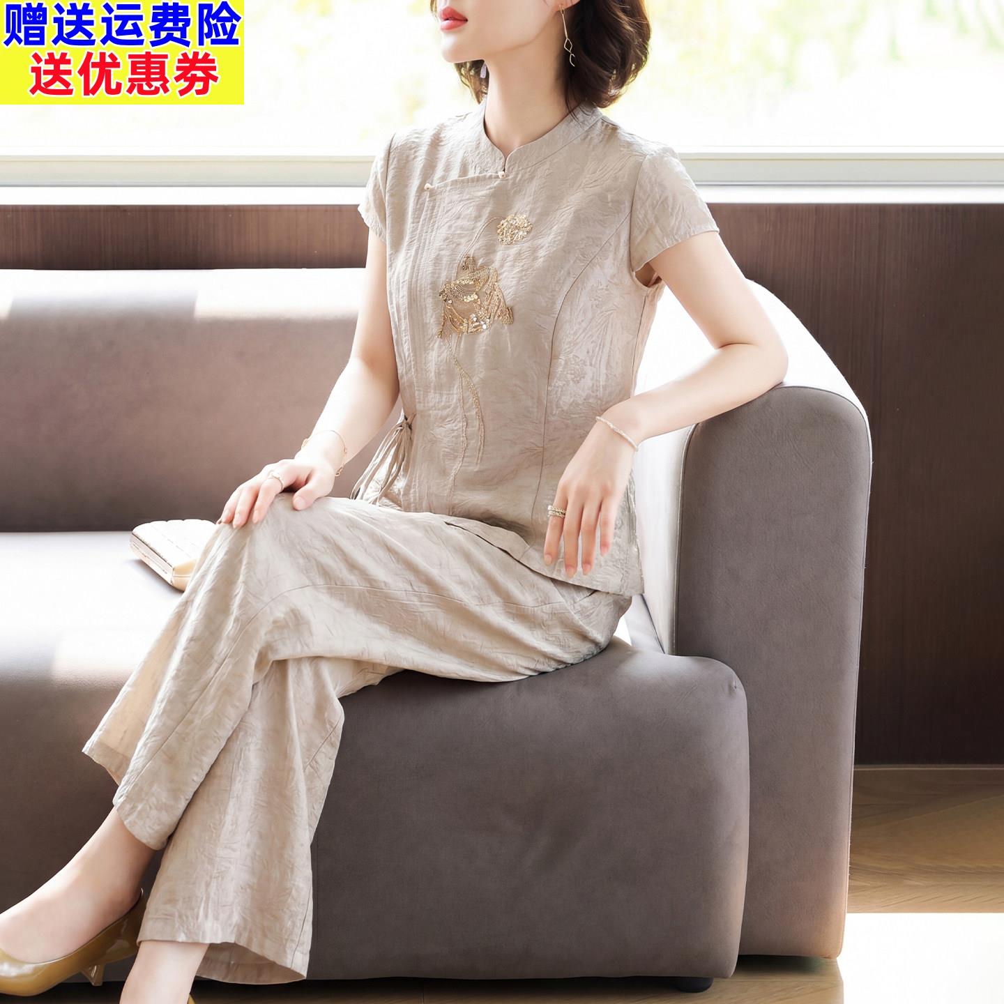 端庄大气妈妈夏装套装2026新款中老年女装国风刺绣小衫裤子两件套