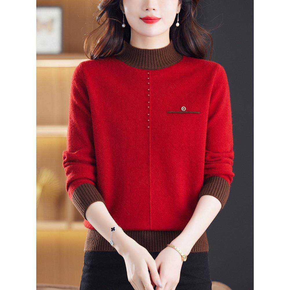 本命年红色毛衣女秋冬2025新款洋气针织衫上衣内搭妈妈冬装打底衫