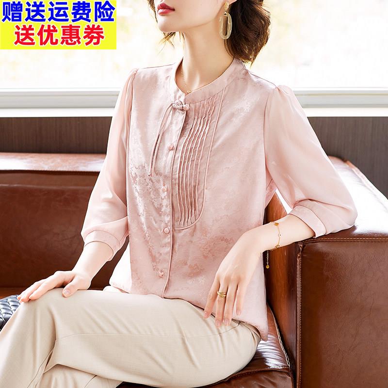 母亲节新中式妈妈夏装七分袖T恤小衫中老年女夏季雪纺衬衫上衣服