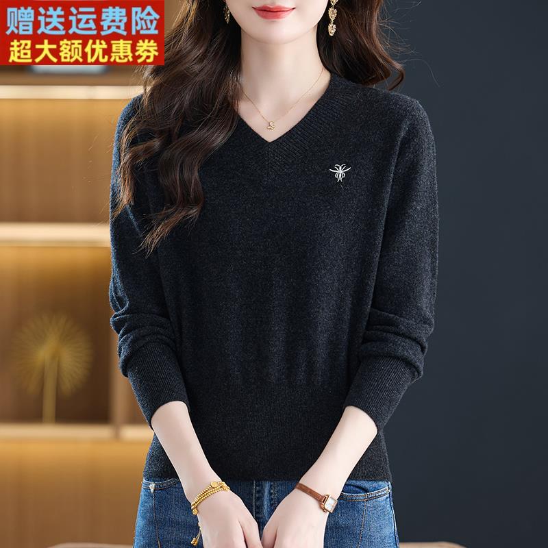 新款宽松100%纯羊绒衫女V领毛衣秋冬短款显瘦时尚百搭针织打底衫