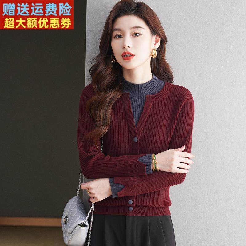 秋冬新款时尚假两件半高领毛衣女短款宽松安哥拉红针织打底衫上衣