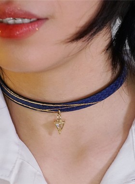 诊疗师手工定制 深蓝金丝真皮颈环choker吊坠项圈女简约刻字情侣