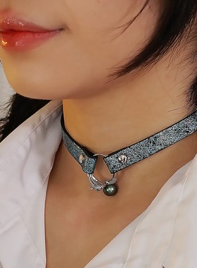 诊疗师手工定制 银蛇珍珠真皮项圈女颈带choker铃铛项圈SM牵引男m