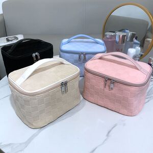 日韩新款化妆包四方格绒布手提旅行外带便携洗漱大容量护肤品收纳