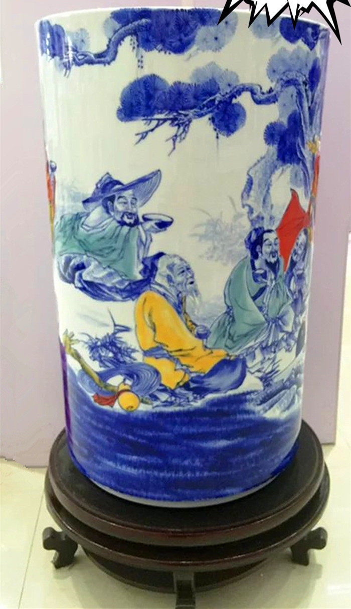 景德镇陶瓷书画筒手绘青花五彩仿古人物落地花瓶箭筒书饮中八仙