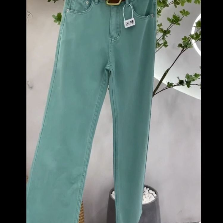 高腰多巴胺女孩穿搭湖水绿牛仔裤