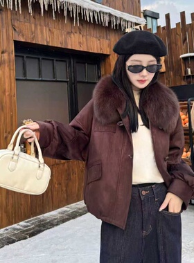 2025新款整皮狐狸毛领皮草鹅绒服外套女 皮毛一体麂皮绒羽绒大衣