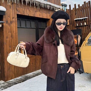 2025新款整皮狐狸毛领皮草鹅绒服外套女 皮毛一体麂皮绒羽绒大衣