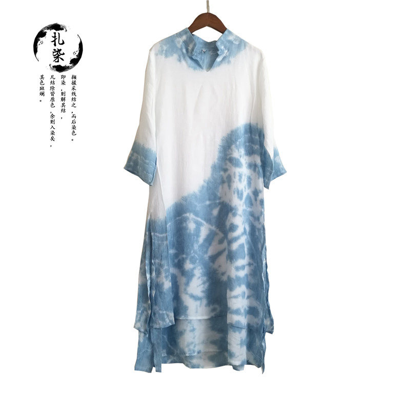 扎染禅茶服中国民族风夏季云南大理白族手工蓝染草木染禅舞连衣裙