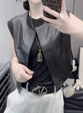 网红同款2025秋季新款欧货真皮马甲女圆领无袖绵羊皮外搭坎肩背心