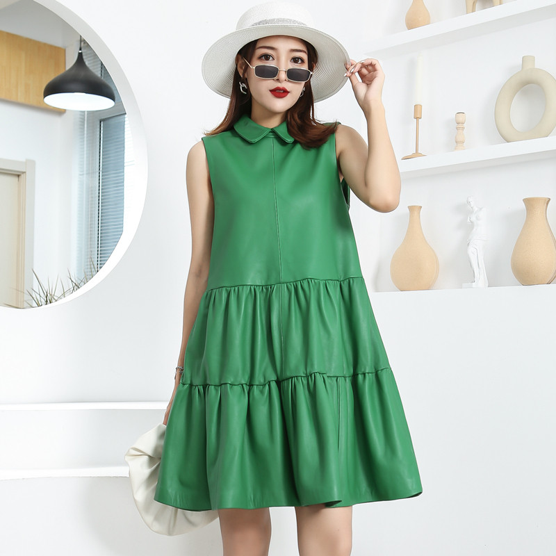 娃娃领真皮绵羊皮连衣裙