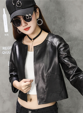 真皮皮夹克女2025春秋绵羊皮短款小皮衣小个子七分袖宽松外套纯皮