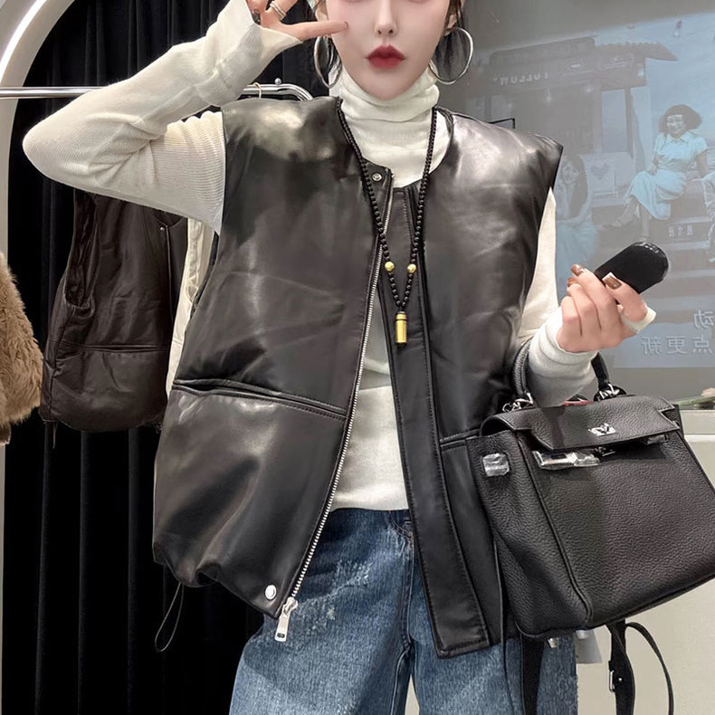 真皮羽绒马甲女冬新款欧货时尚宽松短款绵羊皮坎肩马夹纯皮短上衣