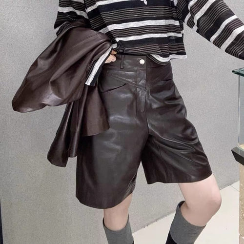 欧货新款绵羊皮短裤修身五分裤