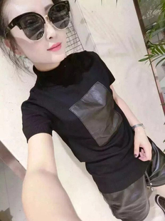 高领T恤 打底衫 真皮绵羊皮小衫 短袖 拼接弹力针织修身 2025春秋新款