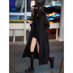 高个子肯豆风超绝高端黑色风衣显瘦水波纹炸街双面呢长款羊绒大衣