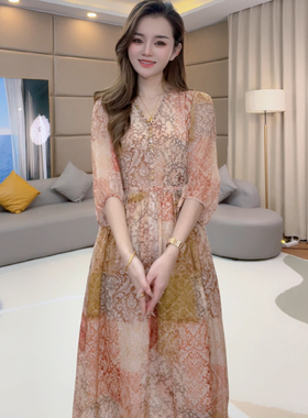 《静静心选》“”收腰显瘦印花真丝连衣裙 80195