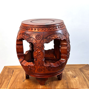 红木铜鼓形雕刻纹高档凳子