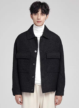 双面呢夹克男潮流格子短款翻领加厚秋冬休闲男外套百搭毛呢68055