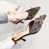 半拖鞋 包q头凉拖高跟鞋 女外穿细跟尖头潮小码 2024年春新款 鞋 31323