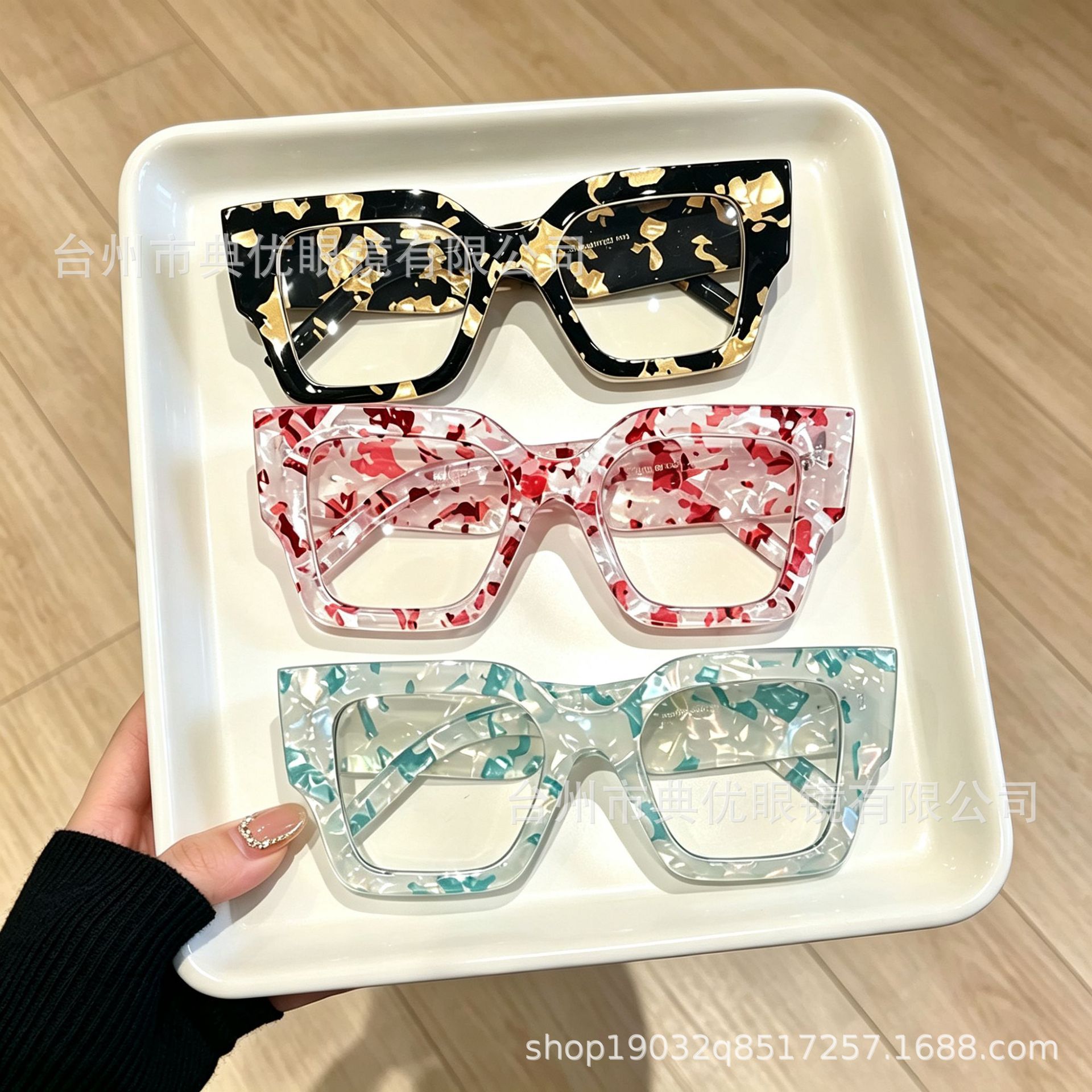跨境欧美辣妹风厚款复古泼墨花纹方形大框眼镜高级感显瘦素颜男女