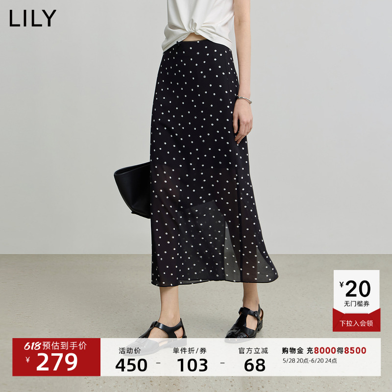 LILY2025夏新款复古法式网球波点休闲通勤黑色直筒裙半身裙女长裙