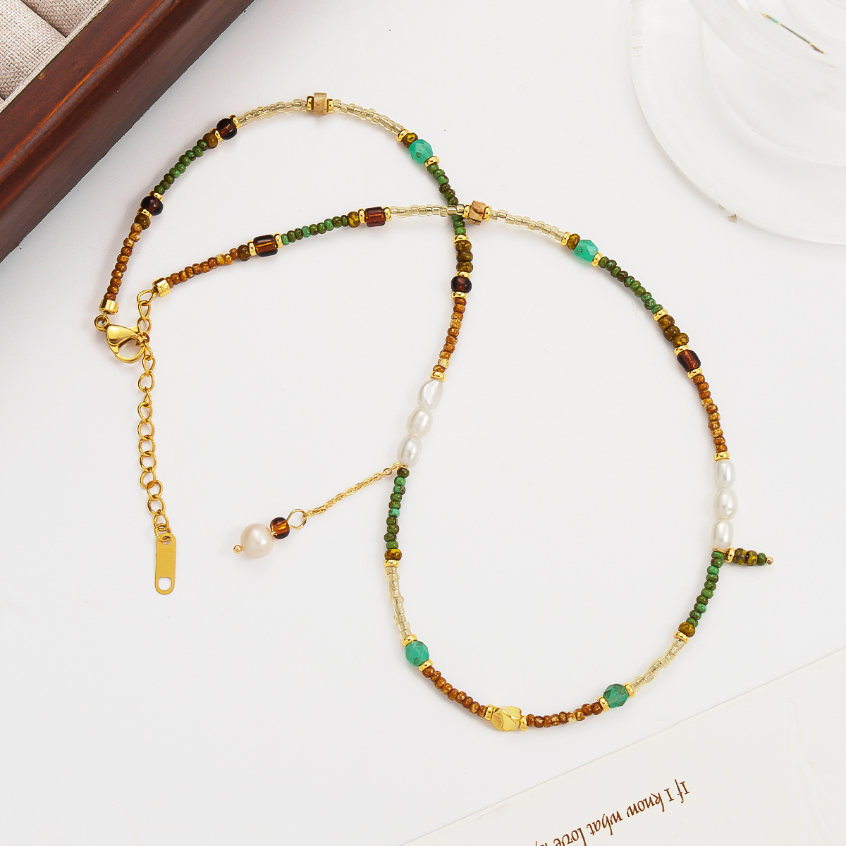 天然石淡水珍珠彩色小米珠串珠细项链单层叠戴波西米亚复古锁骨