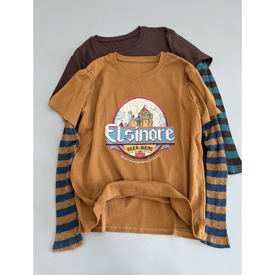 欧风磨毛字母印花假两件长袖T恤