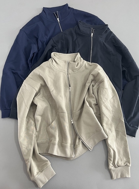 纯棉毛圈双拉链外套宽松港风休闲立领卫衣宽松休闲上衣女秋季新款