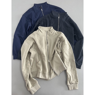 纯棉毛圈双拉链外套宽松港风休闲立领卫衣宽松休闲上衣女秋季 新款