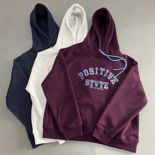 加绒加厚美式休闲风连帽套头卫衣女宽松字母印花长袖帽衫秋冬新款