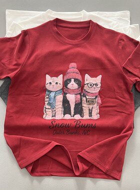 春季磨毛棉可爱小猫短袖T恤女