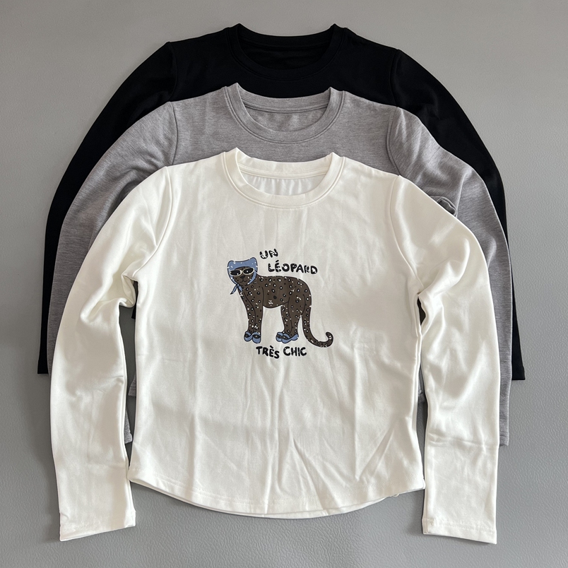 加绒韩式可爱风豹子印花长袖T恤女士休闲圆领上衣秋冬新款打底衫