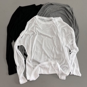 上衣圆领宽松百搭休闲T恤纯色干净版 透气轻薄针织衫 防晒长袖 女tee