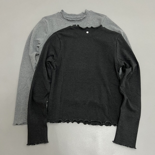 仿羊绒韩系木耳边长袖T恤女士秋冬新款显瘦百搭休闲风上衣打底衫