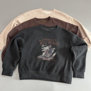 加绒加厚重磅美式复古印花套头卫衣女士宽松圆领长袖上衣秋冬新款