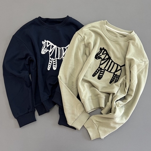 90毛圈棉厚实手感毛巾绣斑马卫衣圆领宽松长袖上衣秋季新款女卫衣