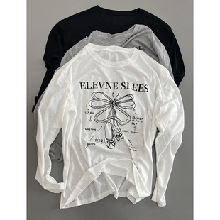 35%莱赛尔天丝上身巨清爽蝴蝶印花长袖T恤春夏新款圆领宽松上衣女