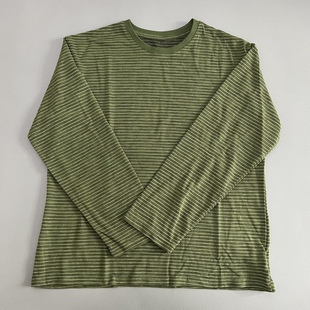 T恤女宽松百搭休闲日常透气打底衫 新款 上衣 春季 橄榄绿色条纹长袖