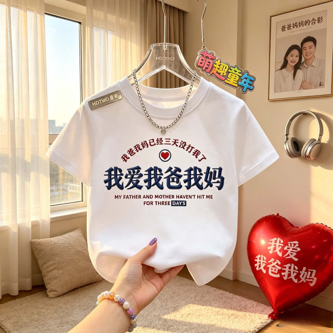 我爱我爸我妈白色儿童趣味文字印花新款男女童纯棉T恤短袖