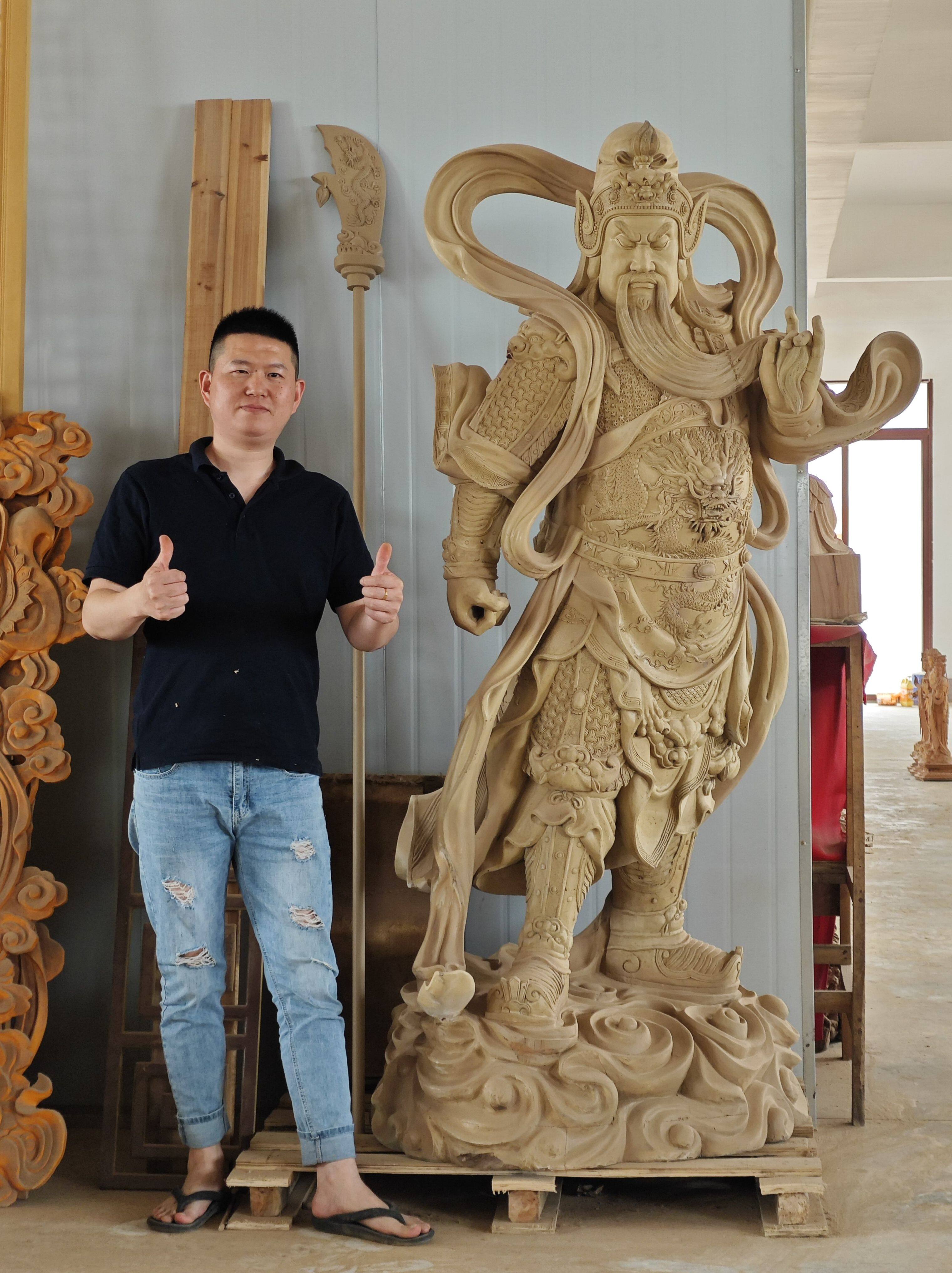 关公木雕神像摆件关圣帝君伽蓝韦陀菩萨护法实木大料手工雕刻玄关