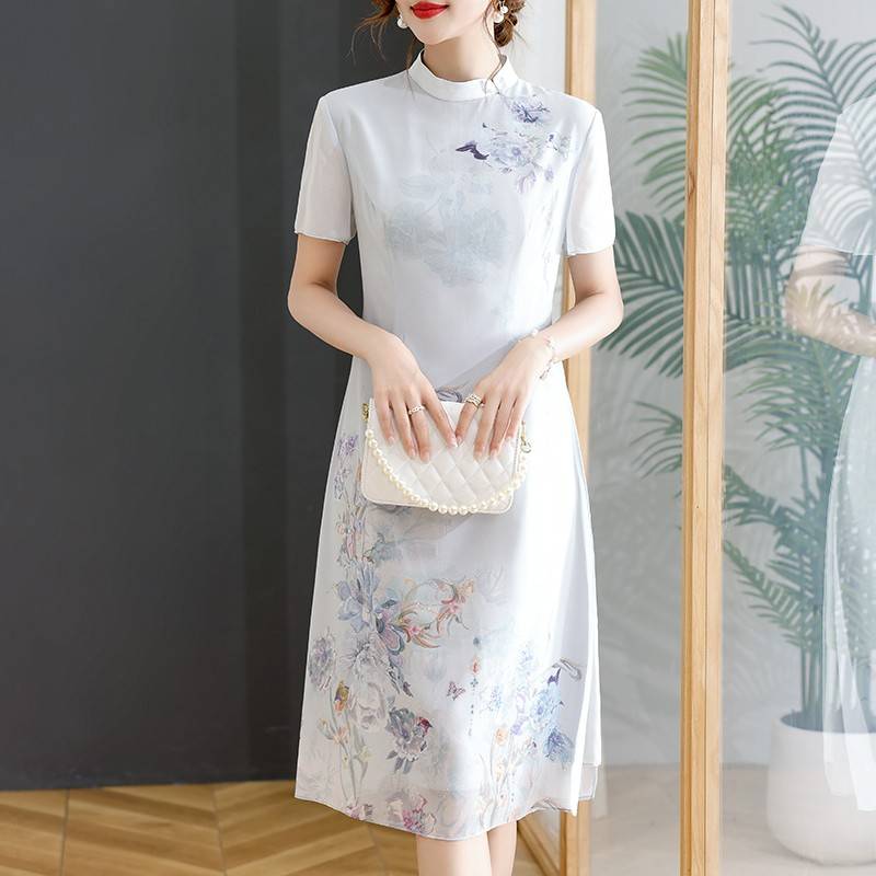 妈妈夏装2024新款旗袍桑蚕丝连衣裙中老年女夏季真丝裙子中式长裙