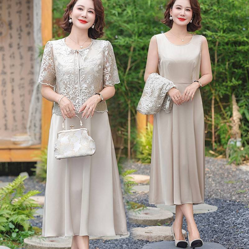 妈妈夏装2024新款洋气高贵连衣裙中老年女装新中式真丝裙子两件套