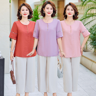 中老年女装夏装短袖T恤宽松圆领刺绣上衣妈妈装减龄遮肚常规袖